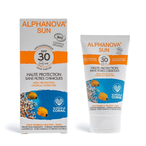 Alphanova SUN Natuurlijke zonnebrandcrème met SPF 30, natuurlijke zonnefilters, biologisch, veganistisch en hypoallergeen.