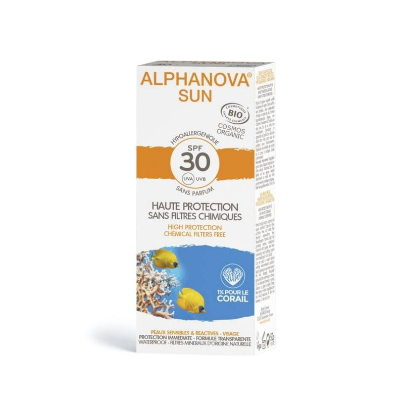 Alphanova SUN Natuurlijke zonnebrandcrème met SPF 30, natuurlijke zonnefilters, biologisch, veganistisch en hypoallergeen.