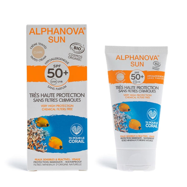 Alphanova SUN Natuurlijke, getinte zonnebrandcrème met SPF 50, natuurlijke zonnefilters, biologisch, veganistisch en hypoallergeen.