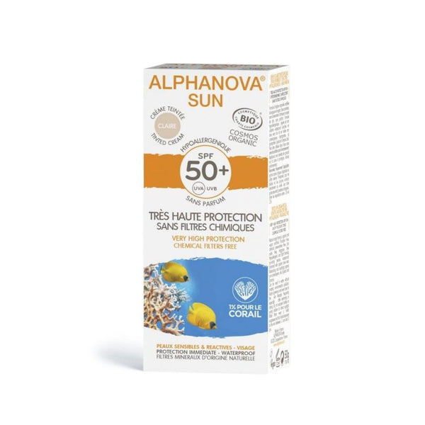 Alphanova SUN Natuurlijke, getinte zonnebrandcrème met SPF 50, natuurlijke zonnefilters, biologisch, veganistisch en hypoallergeen.