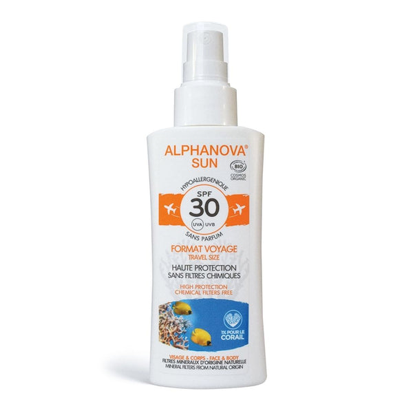 Alphanova SUN Natuurlijke zonnebrandspray met SPF 30, natuurlijke zonnefilters, biologisch, veganistisch en hypoallergeen.