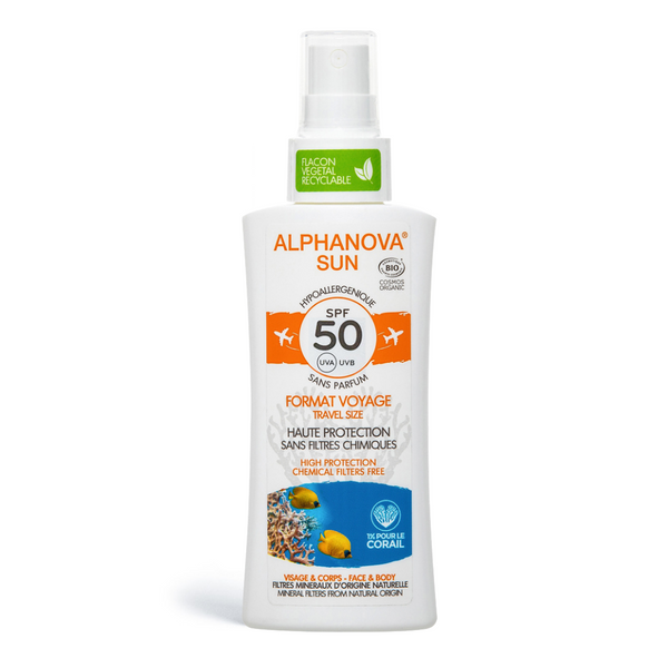 Alphanova SUN Natuurlijke zonnebrandspray met SPF 50, natuurlijke zonnefilters, biologisch, veganistisch en hypoallergeen.