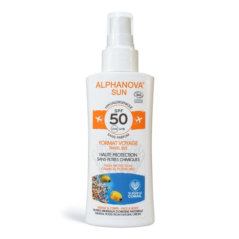 Alphanova SUN Natuurlijke zonnebrandspray met SPF 50, natuurlijke zonnefilters, biologisch, veganistisch en hypoallergeen.
